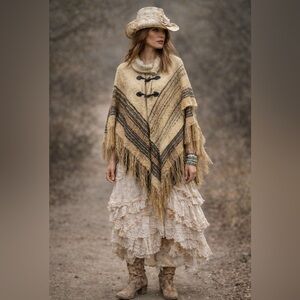 New Directions Vintage Boho Fringed Cowl Neck Poncho ~ Southwestern Knit ~ OS